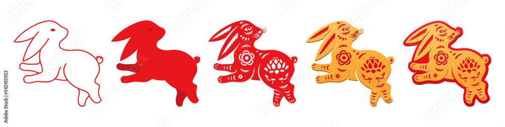 Chinese New Year CNY rabbit line art and silhouette icon set. Isolated running hare paper cuts with lotus in blossom, asian floral ornaments decor. Vector in flat style illustration Chinese New Year CNY rabbit line art and silhouette icon set. Isolated running hare paper cuts with lotus in blossom, asian floral ornaments decor. Vector in flat style illustration