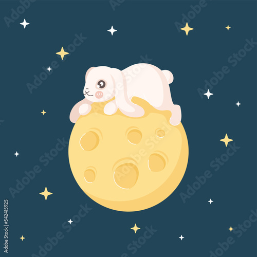 A cute rabbit lies on the moon. Moon Rabbits of Mid Autumn Festival. Mid Autumn Festival