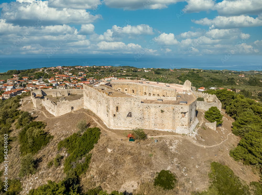 Aerial view of medieval hillitop Chlemoutsi castle in the Peloponnese in Greece built by French crusader knights