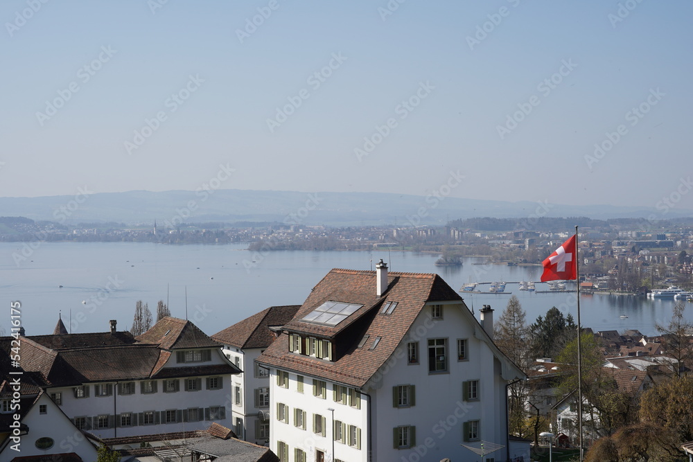 Panorama of Zug, Switzerland, from hill over the town. In the center is