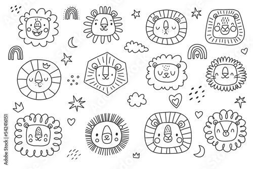 Cute doodle lions set. Childish illustration. Jungle heads clipart. Funny animals. 