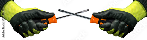 Manual workers with protective work gloves holding a flat head screwdriver and a phillips head screwdriver with black and orange plastic handle. Isolated on white or transparent background, png. photo