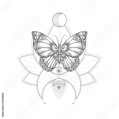 Vector illustration with hand drawn butterfly and Sacred geometric symbol on white background. Abstract mystic sign. Black linear shape. 
