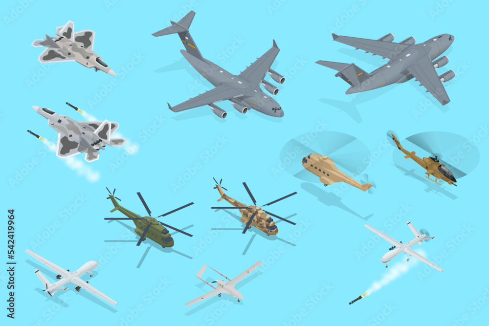 Isometric Military Aviation Air Force Set collection. Modern military