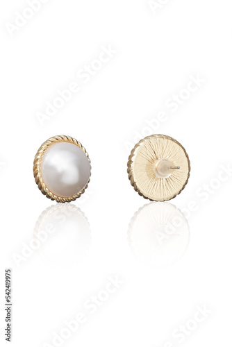 Subject shot of golden round stud earrings adorned with shiny decorative pearls. The earrings are isolated on the white background. Front and back views. Vogue accessory for ladies and girls.