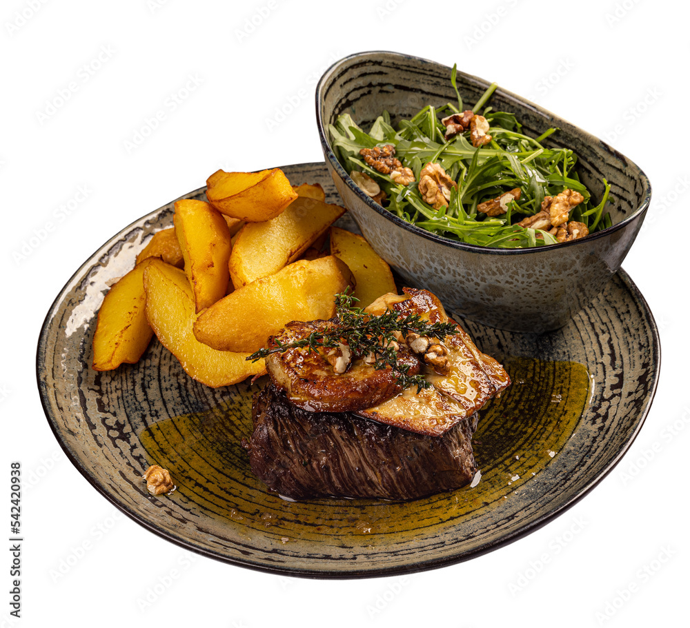 Fotografie Steak with grilled duck liver