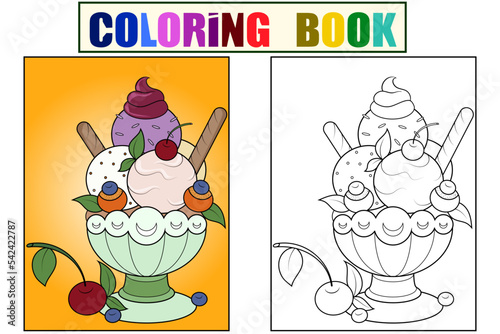Three scoops of ice cream in a glass, pastry shop menu. Learning to draw, an example of a color picture. children coloring book. photo