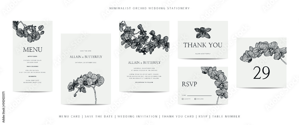 Collection of template wedding stationery with minimalist hand drawn orchid flower