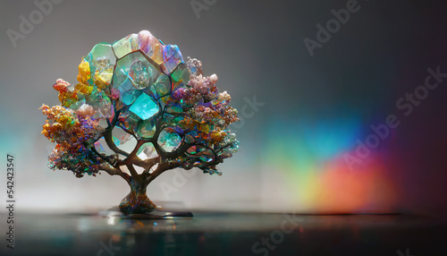 Imaginary picture of rainbow multicolored crystal tree, abstract for a mobile phone or desktop wallpaper background. Digital 3D illustration. photo