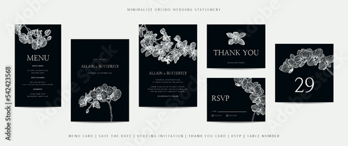 Collection of template wedding stationery with minimalist hand drawn orchid flower