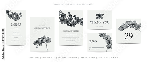Collection of template wedding stationery with minimalist hand drawn orchid flower