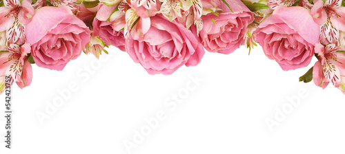 Fototapeta Naklejka Na Ścianę i Meble -  Beautiful pink rose and alstroemeria flowers in a top and bottom borders isolated on white