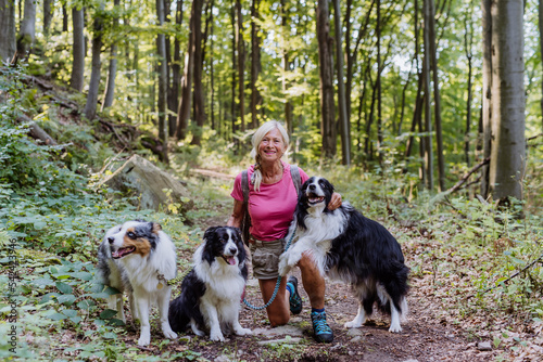 Senior woman walking with her three dogs in forest.