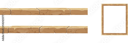 Set stone brick, border seamless ancient fence in cartoon style, isolated on white background. Game decoration.