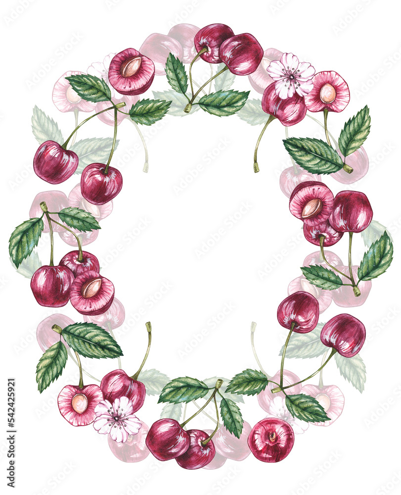 Watercolor cherry frame on a white background Watercolor cherry frame on a white background