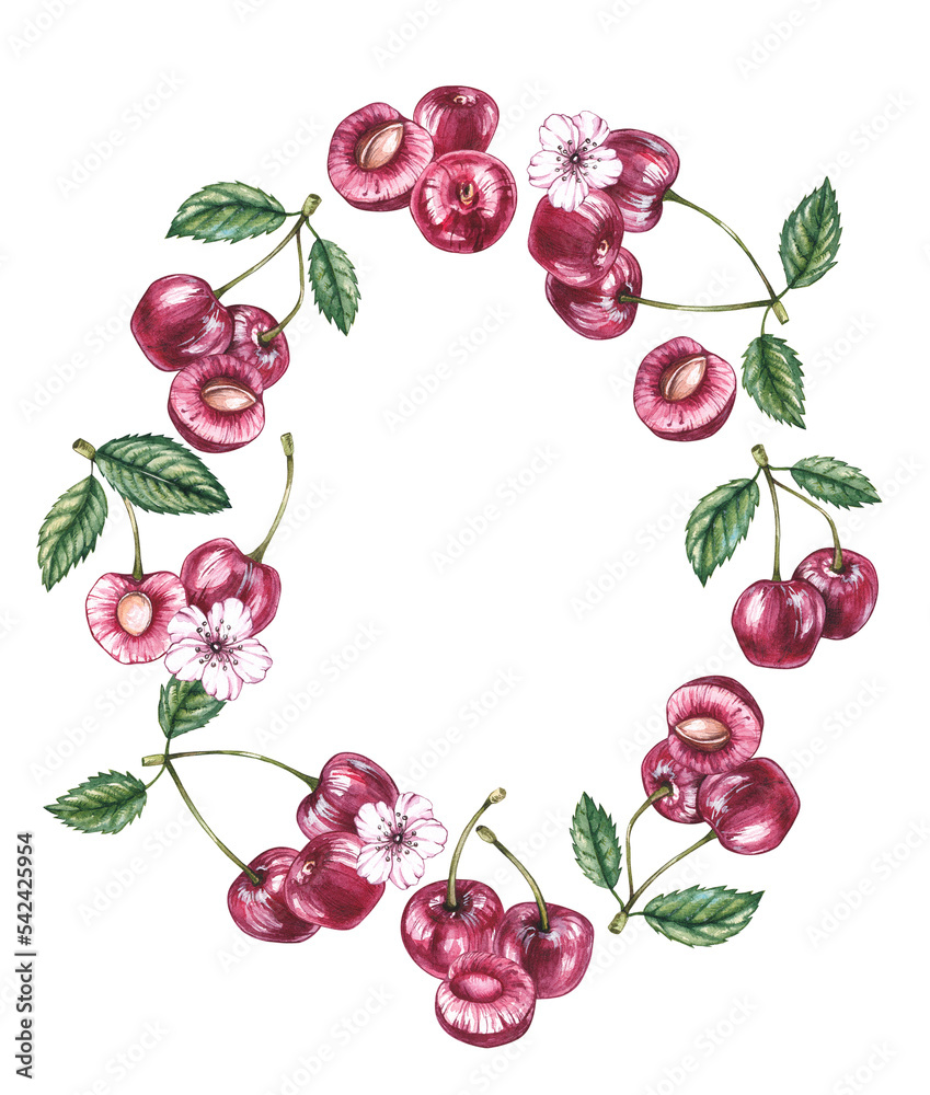 Watercolor cherry frame on a white background Watercolor cherry frame on a white background