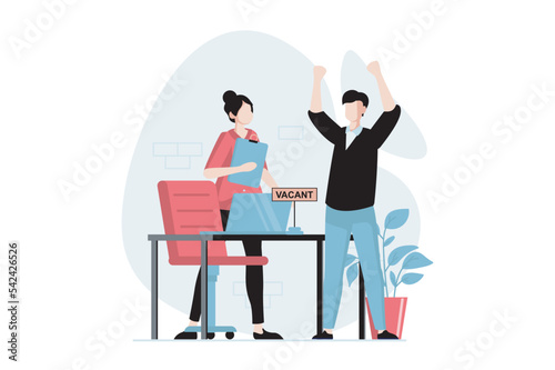Employee hiring process concept with people scene in flat design. Woman HR manager interviews candidate and hires man for position in staff. Vector illustration with character situation for web