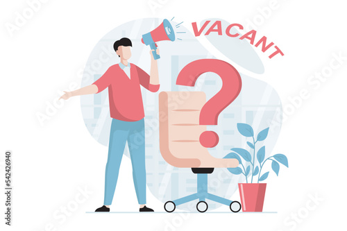 Employee hiring process concept with people scene in flat design. Man HR manager with megaphone announces opening of vacancy in new company. Vector illustration with character situation for web