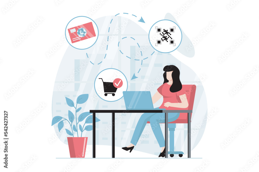E-payment concept with people scene in flat design. Woman buyer orders goods online, pays with credit card and laptop for her purchases at home. Vector illustration with character situation for web