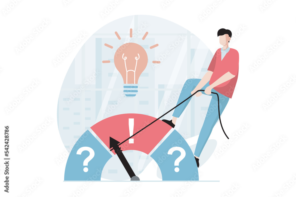 Finding solution concept with people scene in flat design. Man generates new ideas and thinking about questions, tries to find right direction. Vector illustration with character situation for web