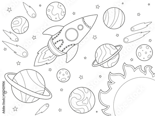 Space and spaceship. Children picture coloring, black stroke, white background.