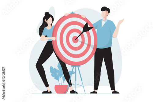 Focus group concept with people scene in flat design. Woman and man conduct marketing research, analyze buyers and create successful targeting. Vector illustration with character situation for web