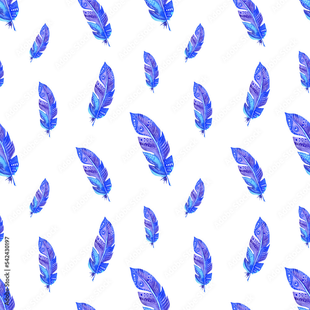 Watercolor blue feathers seamless pattern isolated on white background. Boho illustration. Watercolor blue feathers seamless pattern isolated on white background. Boho illustration.