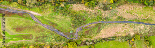 Aerial, panoramic view of River Washburn meander in North Yorkshire