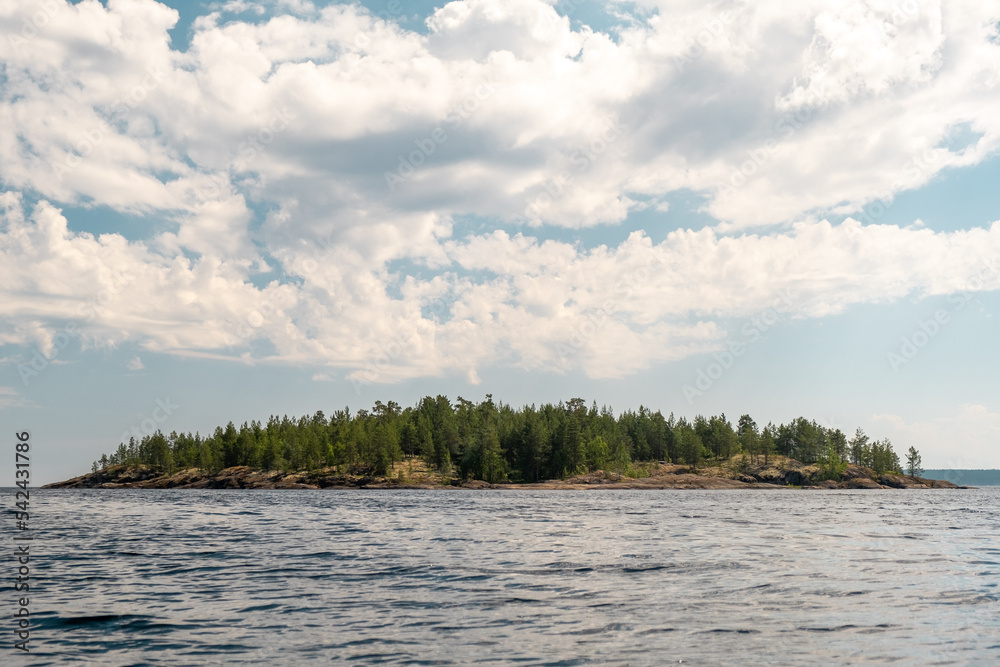 Ladoga lake. Panorama of the Republic of Karelia. Northern nature of Russia. Island with pines