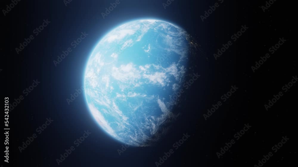 Animation of rotating planet Earth seen from space, zoom out animation of a blue planet