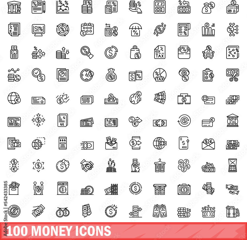 100 money icons set. Outline illustration of 100 money icons vector set isolated on white background 100 money icons set. Outline illustration of 100 money icons vector set isolated on white background