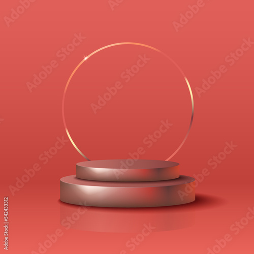 Two Podiums with Golden Ring Frame Composition on Red Background with Blurred Palm Leaves. Square Banner. Vector Illustration.