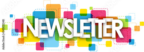 NEWSLETTER typography banner with colorful squares on transparent background