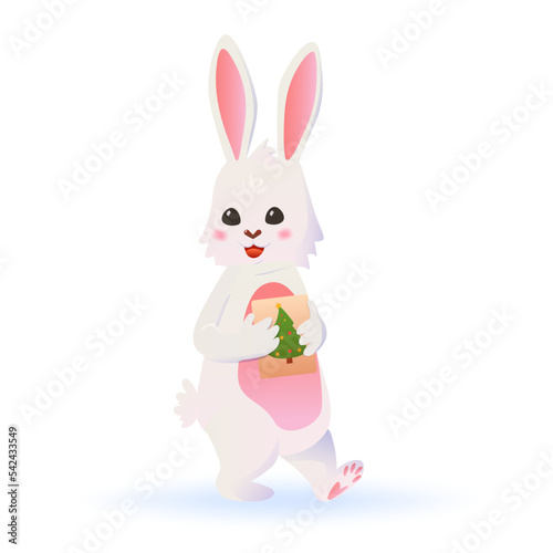 Funny rabbit holds a New Year and Christmas card in his hands. vector illustration