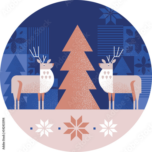 Winter illustration. Vector christmas template. New Year's card with deer and Christmas tree.