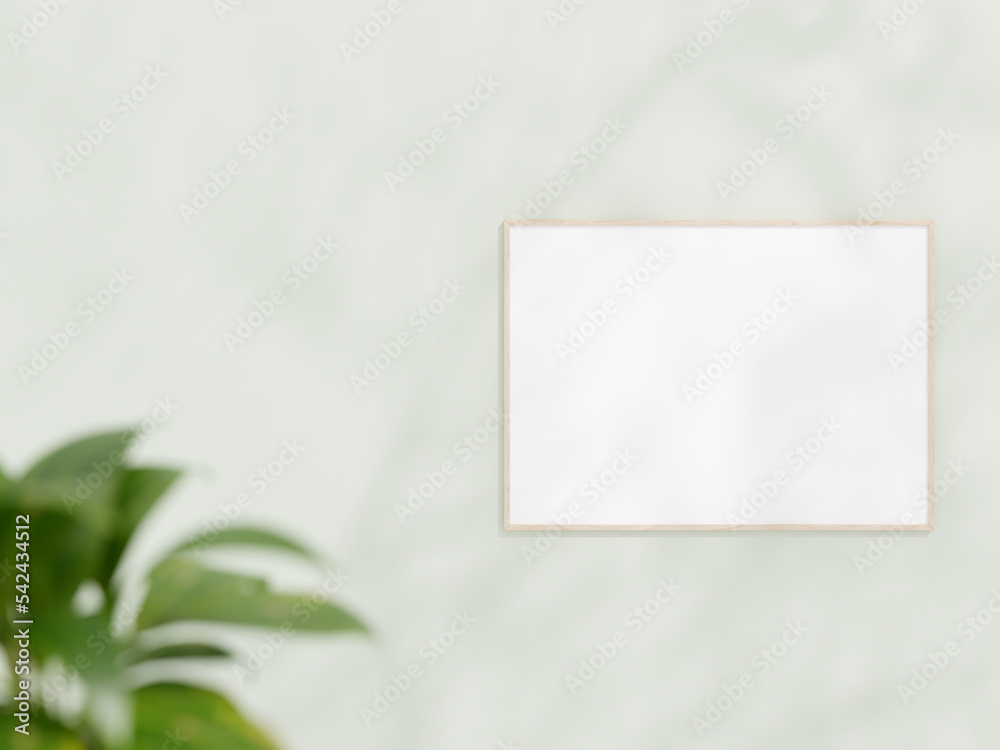 Horizontal wooden frame mockup on white wall. Poster mockup. Clean, modern, minimal frame. Empty frame Indoor interior, show text or product. frame mockup with shadow and plant. 3d rendering. Horizontal wooden frame mockup on white wall. Poster mockup. Clean, modern, minimal frame. Empty frame Indoor interior, show text or product. frame mockup with shadow and plant. 3d rendering.