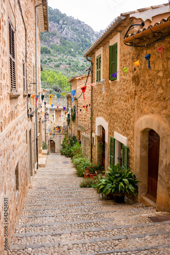 Fototapeta Naklejka Na Ścianę i Meble -  Mediterranean alley in the old town of Mallorca with many green plants in flower pots. Cobblestones lead between beige brick houses. Colorful flags are stretched between them.