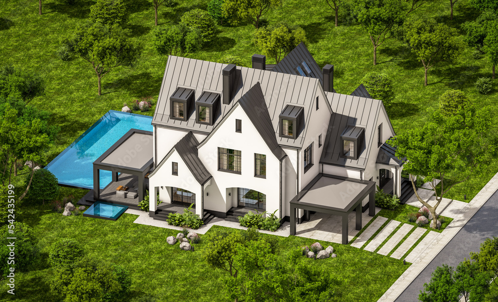 3d rendering of cute cozy white and black modern Tudor style house with parking and pool for sale or rent with beautiful landscaping. Fairy roofs. Clear sunny summer day with blue sky. 3d rendering of cute cozy white and black modern Tudor style house with parking and pool for sale or rent with beautiful landscaping. Fairy roofs. Clear sunny summer day with blue sky.