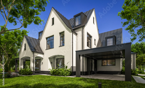 3d rendering of cute cozy white and black modern Tudor style house with parking  and pool for sale or rent with beautiful landscaping. Fairy roofs. Clear sunny summer day with blue sky. © korisbo