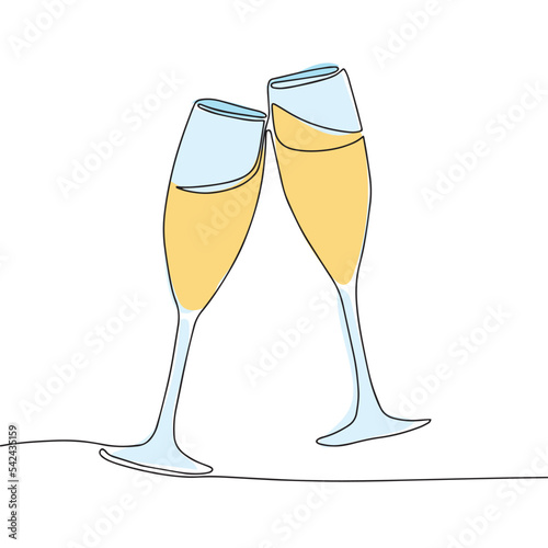 Two glasses of the champagne clink. Color line art vector illustration outline one line