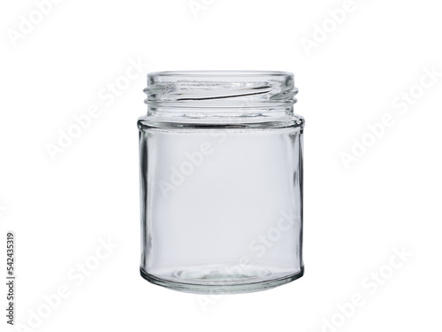 Open empty glass jar for food and drinks. Isolated on a white background.