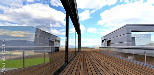 Big mirror glass panoramic doors on the wooden openair terrace of the elite private estate built with ecologicaly clean energy efficient materials. 3d rendering. photo