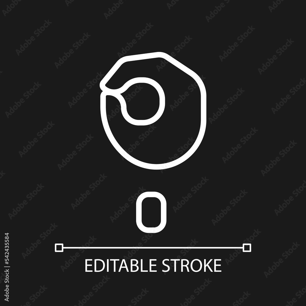 Singing letter O in ASL pixel perfect white linear icon for dark theme. Communication system. Visual modality. Thin line illustration. Isolated symbol for night mode. Editable stroke. Arial font used Singing letter O in ASL pixel perfect white linear icon for dark theme. Communication system. Visual modality. Thin line illustration. Isolated symbol for night mode. Editable stroke. Arial font used