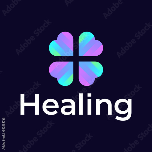 Abstract gradient iridescent gallographic clover logo four leaves heart shape, eco icon.  Pharmacy sign ecological business company, symbol nature. Simple clean vector herbal logotyp. 