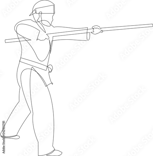 Continuous line drawing of shaolin monk man practice kung fu using long staff. Traditional Chinese combative sport concept. Vector illustration.
