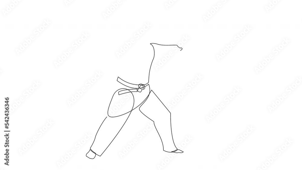Continuous line drawing of young wushu master man. Self drawing animation of kung fu warrior in kimono with long staff on training. Martial art sport contest concept.