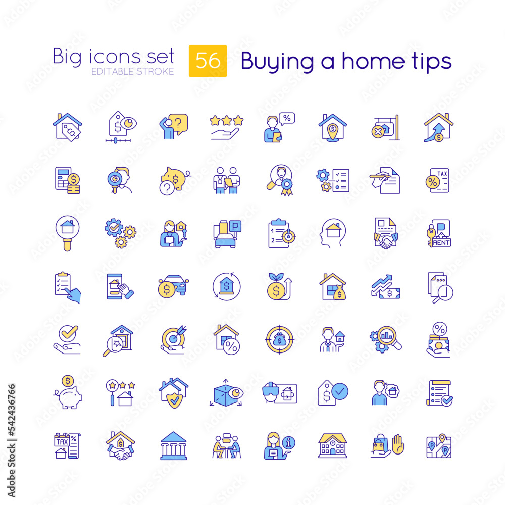 Buying home tips RGB color big icons set. Real estate. First time homebuying process. Isolated vector illustrations. Simple filled line drawings collection. Editable stroke. Quicksand Light font used Buying home tips RGB color big icons set. Real estate. First time homebuying process. Isolated vector illustrations. Simple filled line drawings collection. Editable stroke. Quicksand Light font used