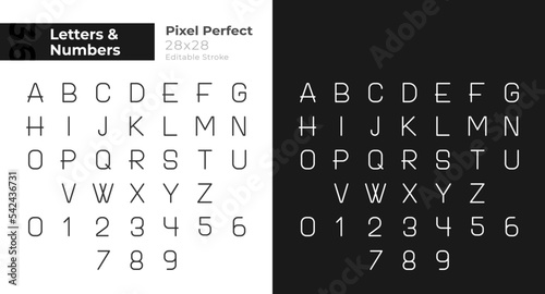 Numbers and letters pixel perfect linear icons set for dark, light mode. Education. Thin line symbols for night, day theme. Isolated illustrations. Editable stroke. Montserrat Bold, Light fonts used