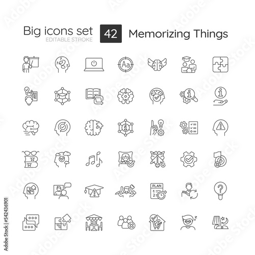 Memorizing things technique linear icons set. Brain training. Improve memory skill. Customizable thin line symbols. Isolated vector outline illustrations. Editable stroke. Quicksand-Light font used