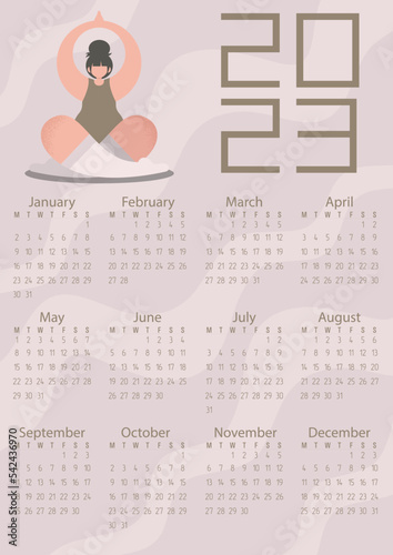 Vector. Calendar 2023. Pastel colors, flowers, people. The girl is doing yoga. Healthy lifestyle.